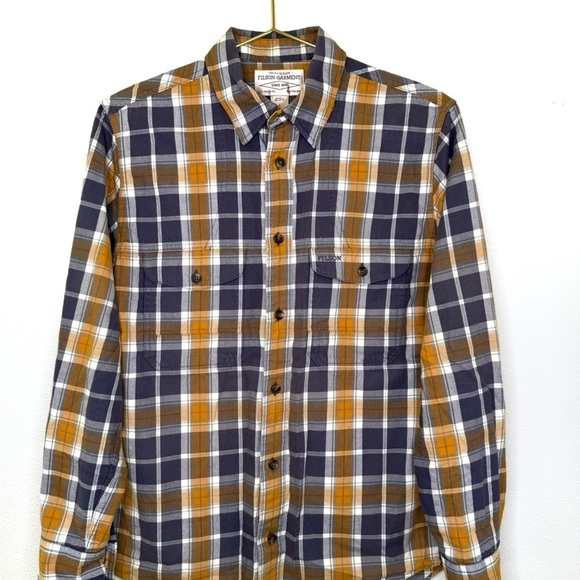 Filson Plaid Flannel Gold and Blue Casual Button Down Shirt Mens Collared - Picture 2 of 7